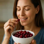 Žena si užíva červené brusnice zo slnečnej miske.