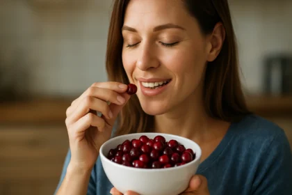 Žena si užíva červené brusnice zo slnečnej miske.