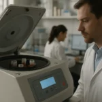 Laboratórna centrifúga používaná na oddelenie zložiek.