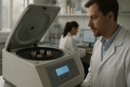 Laboratórna centrifúga používaná na oddelenie zložiek.