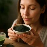 Žena skúša alginitovú práškovú formu a detoxikačný nápoj.