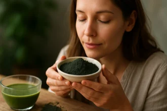 Žena skúša alginitovú práškovú formu a detoxikačný nápoj.