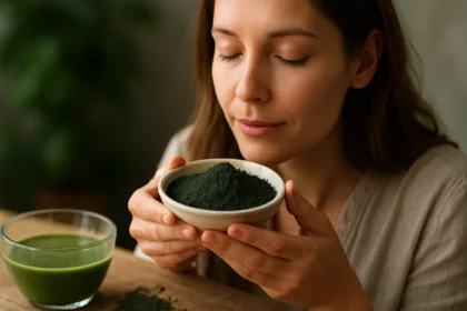 Žena skúša alginitovú práškovú formu a detoxikačný nápoj.