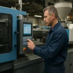 Operátor ovládajúci vstrekovací lis v plastovom priemysle