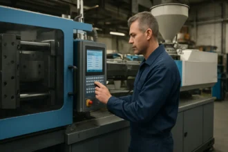 Operátor ovládajúci vstrekovací lis v plastovom priemysle