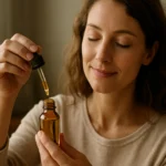 Žena používa koloidné zlato z pipety do liekovky.