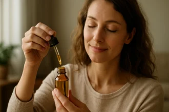 Žena používa koloidné zlato z pipety do liekovky.