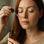 Žena aplikuje čajovníkový olej na tvár pre zdravú pokožku.