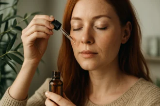 Žena aplikuje čajovníkový olej na tvár pre zdravú pokožku.