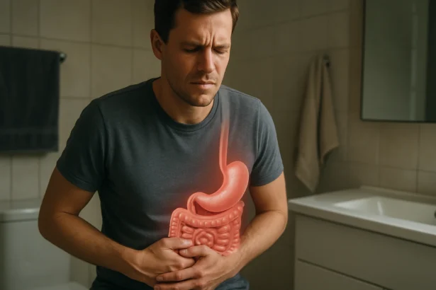 Muž s bolesťami žalúdka a zobrazeným tráviacim systémom.