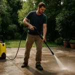 Muž používa vysokotlakový čistič na vonkajšom podlahe