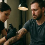 Tatérka pracuje na tetovaní muža v tetovacom štúdiu.