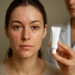 Žena s akné a krémom na liečbu pleti v rukách dermatológa.