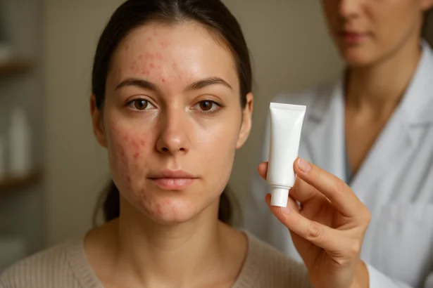 Žena s akné a krémom na liečbu pleti v rukách dermatológa.