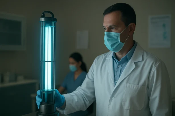 Germicídna lampa v rukách zdravotníka na dezinfekciu.