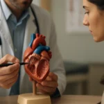 Doktor ukazuje na model srdca pacientke v ambulancii