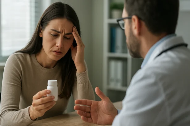 Žena sa obáva vedľajších účinkov antibiotík pri konzultácii s lekárom.