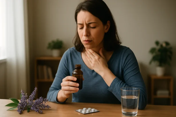 Žena s problémami so štítnou žľazou užívajúca Vitex a vodu.