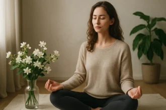Žena medituje s jasmínovými kvetmi v pozadí, symbolizujúca rovnováhu pokoja a energie.