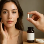 Žena s pleťou v bezchybnom stave držiaca nikotínamidovú tabletu.