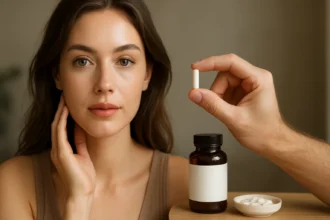 Žena s pleťou v bezchybnom stave držiaca nikotínamidovú tabletu.