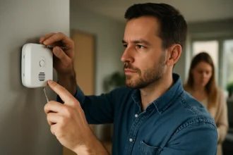 Muž inštaluje detektor plynu na stenu v domácnosti