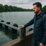 Muži pri plávajúcej bráne na rieke, diskutujúci o údržbe brán