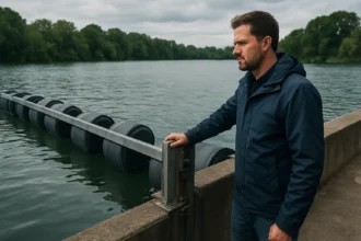 Muži pri plávajúcej bráne na rieke, diskutujúci o údržbe brán