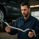 Mechanik kontroluje stabilizátorovú tyč v autoservise.