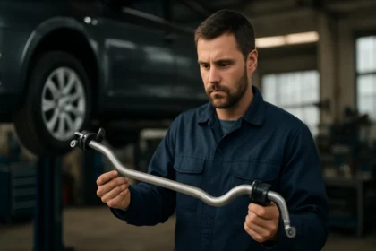 Mechanik kontroluje stabilizátorovú tyč v autoservise.