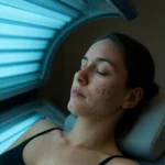 Žena s akné relaxuje v soláriu pod UV svetlami.