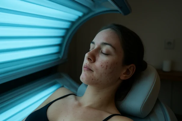 Žena s akné relaxuje v soláriu pod UV svetlami.