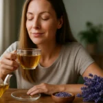 Žena si vychutnáva šálku levanduľového čaju pre relax a pohodu.