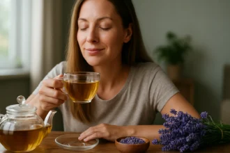 Žena si vychutnáva šálku levanduľového čaju pre relax a pohodu.