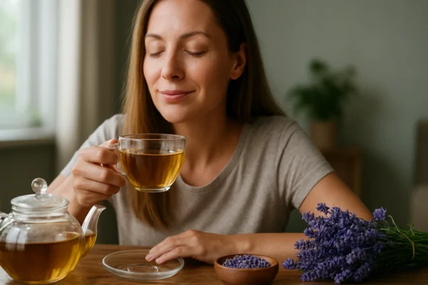 Žena si vychutnáva šálku levanduľového čaju pre relax a pohodu.