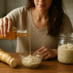 Žena pripravuje octový chren v kuchyni.