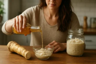 Žena pripravuje octový chren v kuchyni.