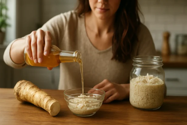 Žena pripravuje octový chren v kuchyni.