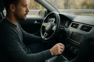 Muž ovládajúci automobil s automatickou spojkou