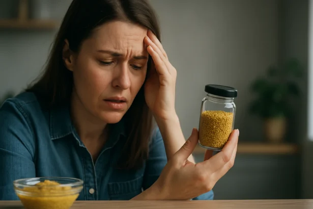 Žena sa zamýšľa nad horčicovými semienkami s obavami