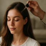 A woman receiving a hair treatment with Swedish drop elixir.