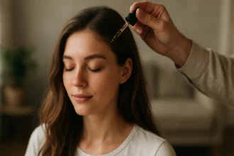 A woman receiving a hair treatment with Swedish drop elixir.