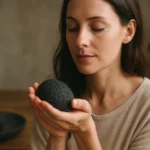 Žena s lávakameňom, ktorý vyžaruje prírodnú energiu pre relaxáciu.