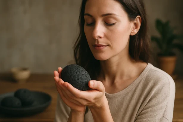 Žena s lávakameňom, ktorý vyžaruje prírodnú energiu pre relaxáciu.