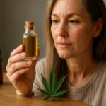 Žena skúma fľašu konopného oleja so zdravotnými benefitmi