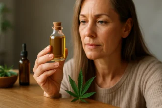 Žena skúma fľašu konopného oleja so zdravotnými benefitmi