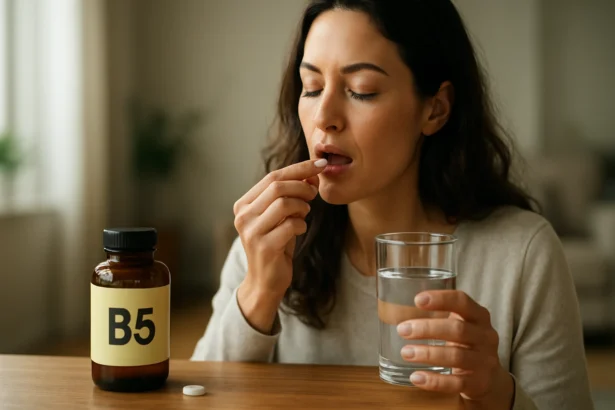 Žena užívajúca vitamín B5 s pohárom vody