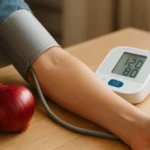 Krvný tlak meraný vedľa červenej cibule na drevenom stole