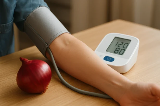 Krvný tlak meraný vedľa červenej cibule na drevenom stole