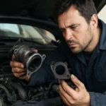 Mechanik skúma EGR ventil a tesnenie vo vozidle